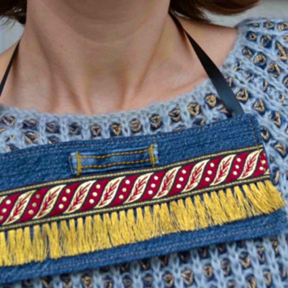 Handmade denim statement bib gold red Fall leaves ribbon fringe fabric necklace